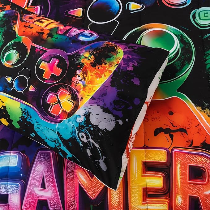NTBED Game Console Comforter Set for Boys Girls Kids Tie Dye GamingLightweight Microfiber Gamer Bedding Sets (Multi, Full 5Pcs)
