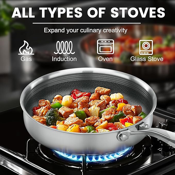 Non Stick Frying Pans,Hybrid Frying Pan with Lid,Non Toxic Frying Pans Nonstick,Stainless Steel Skillet,Dishwasher and Oven-Safe,Compatible with All Cooktops, 2-Piece Set (7.8+11in)