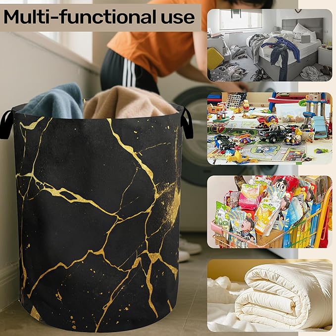 Black Marble Foldable Laundry Hamper - Waterproof Fabric Storage Basket with Handles, Clothes Hampers for Laundry,Bedroom,Dorm