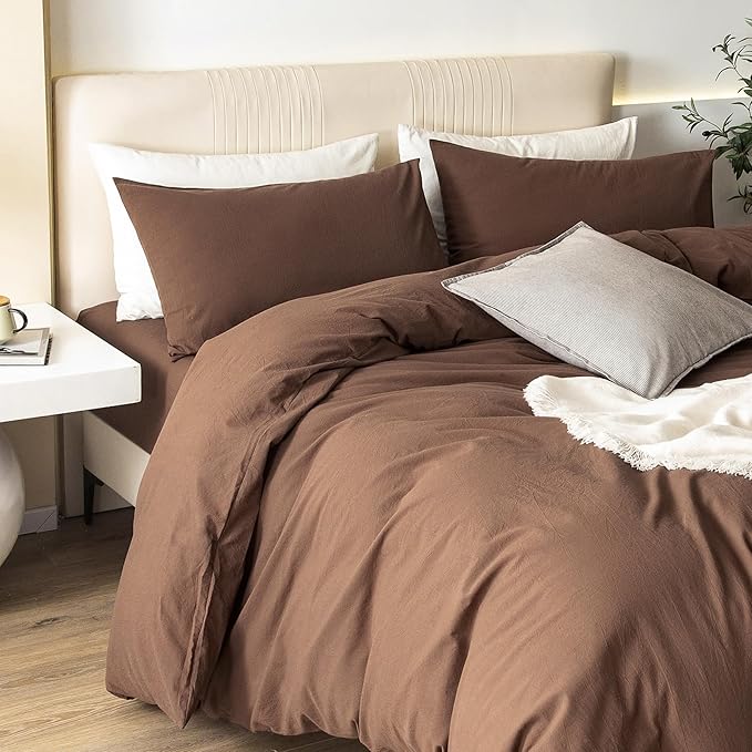 JIYUAN 100% Washed Cotton Duvet Cover Set 3 Pieces Super King, 1 Duvet Cover 108x98 Inches(Comforter Not Included) and 2 Pillowcases,Linen Feel Bedding Set Comfy and Breathable,Chocolate Brown