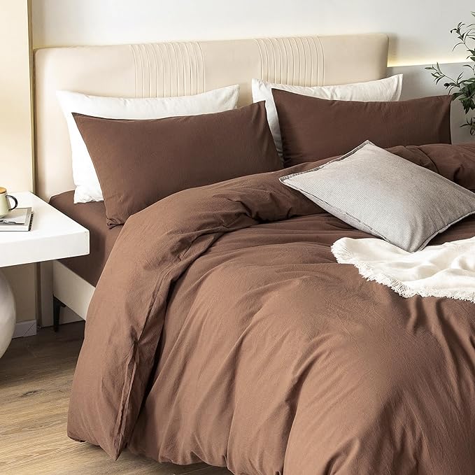 JIYUAN 100% Washed Cotton Duvet Cover Set 3 Pieces Queen, 1 Duvet Cover 90x90 Inches(Comforter Not Included) and 2 Pillowcases,Linen Feel Bedding Set Comfy and Breathable,Chocolate Brown