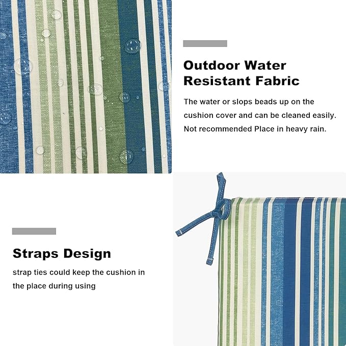 Set of 4 Outdoor Square Chair Cushions 18.5"x16"x2" for Patio, Water Resistant Patio Dining Seat Pads Replacement for Kitchen Garden and Outdoor Furniture Decoration - Stripe Blue Green