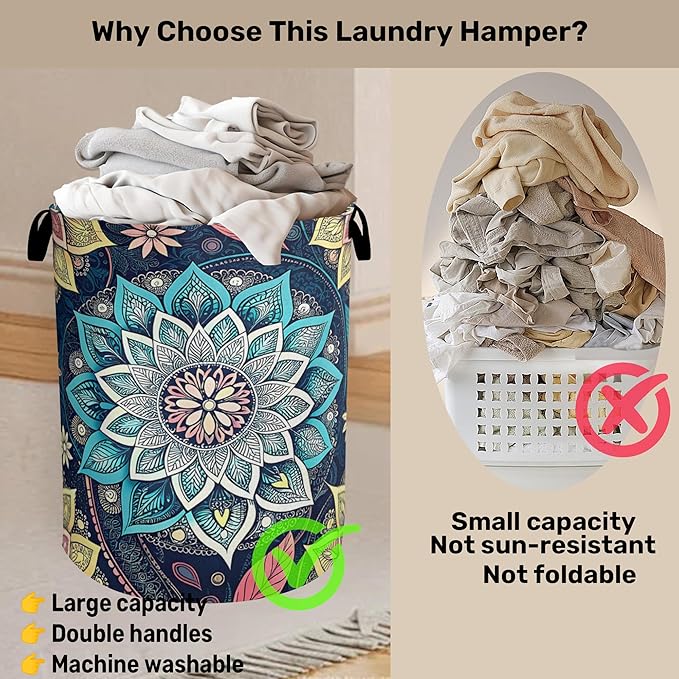 Bohemian Flowers Laundry Basket - Heavy Duty 60L Dirty Clothes Organizer, Water Resistant Foldable Hamper for Men Women