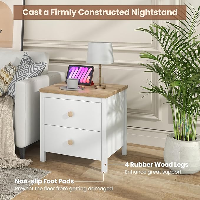 Giantex Night Stand Set of 2, Farmhouse Bedside Table with Cute Round Knobs, Wooden Floor End Table with Rubber Wood Legs, Small Space Kids Bedroom Side Table, White