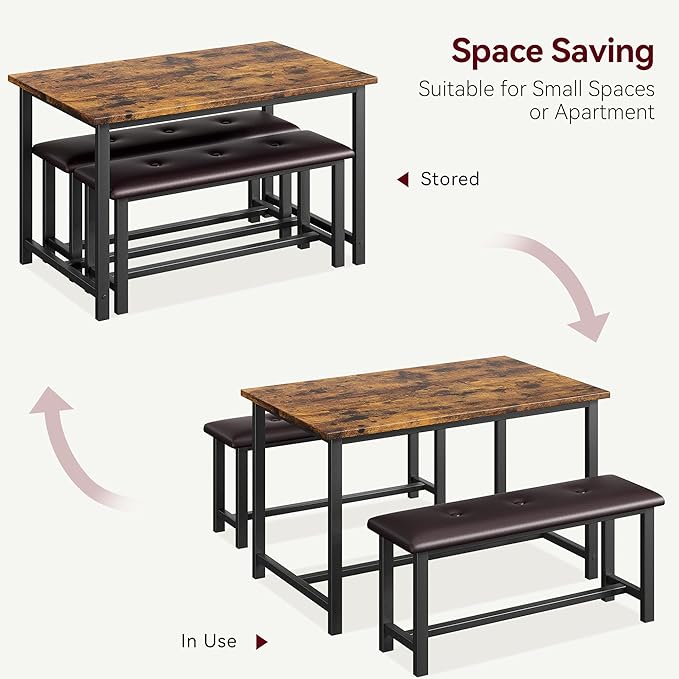 Dining Table Set for 4, Dining Room Table Set with 2 Upholstered Benches, Small Kitchen Table Set, 3 Piece Farmhouse Rectangular Dining Room Table Set, Space Saving Dining Table for Apartment