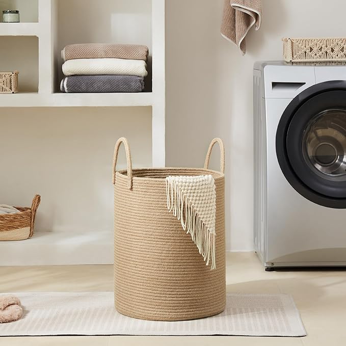Cotton Laundry Hamper, 58L - Woven Collapsible Storage Basket - Jute Brown