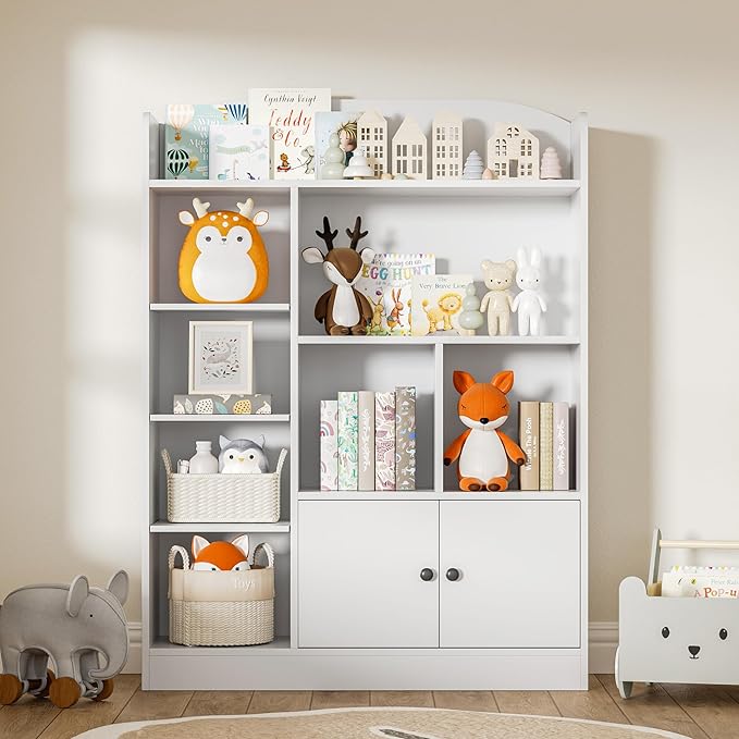 White Kids Bookshelf, Kids Bookcase with 7 Cubbies and 2 Cabinets, Freestanding Book Storage Shelves for Bedroom, Playroom, Hallway