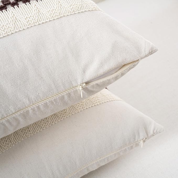Fancy Homi Set of 2 Boho Brown Big Decorative Throw Pillow Cover 24x24 Inch for Couch Bed Bedroom, Aesthetic Modern Organic Farmhouse Room Decor, Soft Cotton Accent Macrame Woven Cushion Case