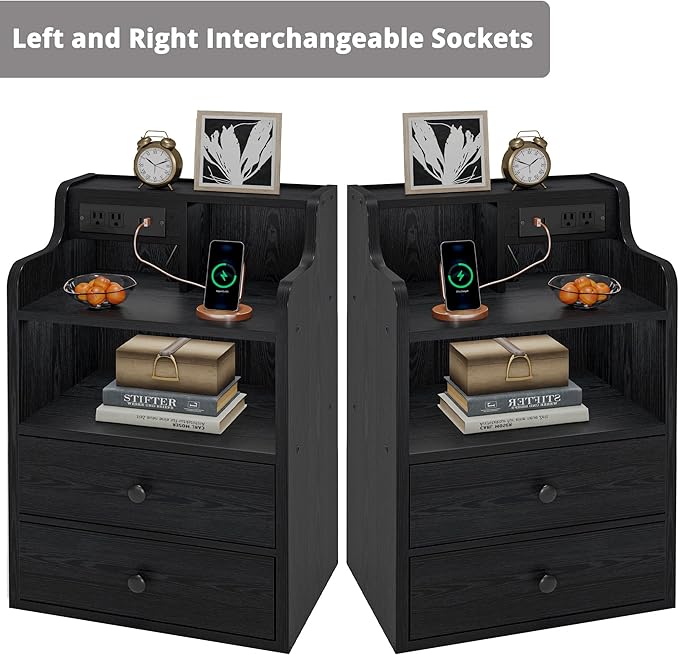 LIKIMIO Black Nightstand with LED Charging Station 2 Drawers and Storage Shelves, Left and Right Interchangeable Sockets Bed Side Table Night Stand with Drawer