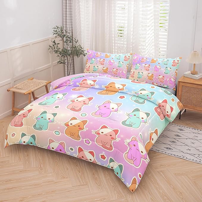 Tailor Shop Cat Girls Comforter Sets King Size,Cat Bedding Sets for Girls Kids Teens with 1 Pillowcase……
