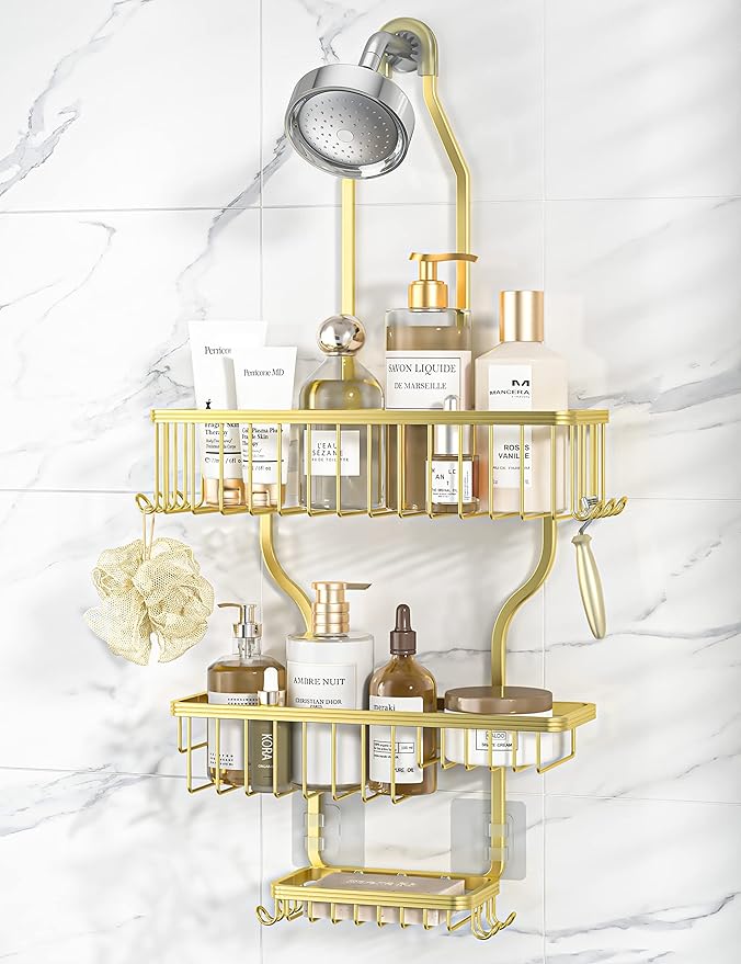 YASONIC Shower Caddy Over Shower Head Never Rust Aluminum Large Hanging Shower Caddy with 10 Hooks for Razor/Sponge - Over The Shower Head Caddy with Soap Basket - Hanging Shower Organizer Gold