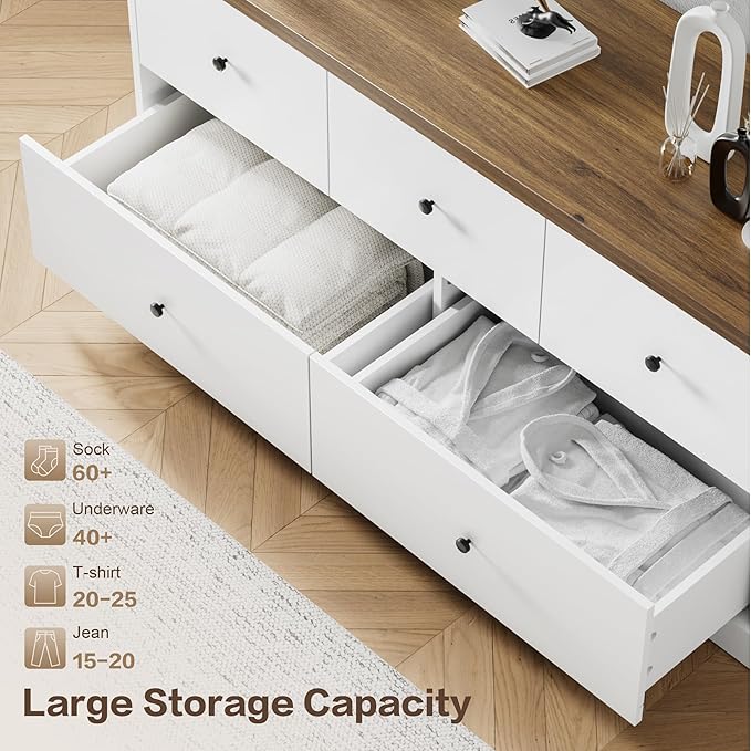 JUMMICO Dresser for Bedroom, Wide Chest of Drawers with 5 Wood Dresser Drawers, TV Stand, Modern Design for Bedroom, Living Room, Hallway, and Entryway (Light White)