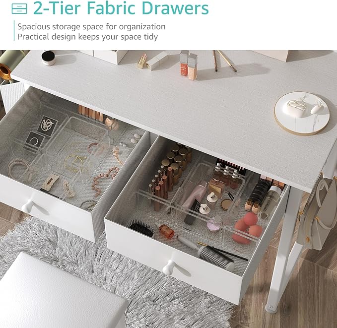 White Makeup Vanity Desk No Mirror with Chair, Small Vanity Table Set with Fabric Drawers, Power Outlet & Chair Without Mirror, Modern Make Up Desk for Girls Bedroom