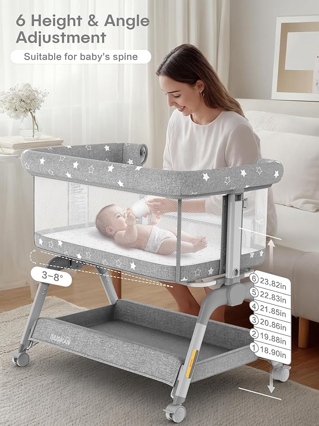 Bassinet Bedside Sleeper, Baby Crib with Mattress and Adjustable Height & Upgraded Wheels, All Mesh Portable Bassinet for Co-Sleeping, Baby Bed for Newborn