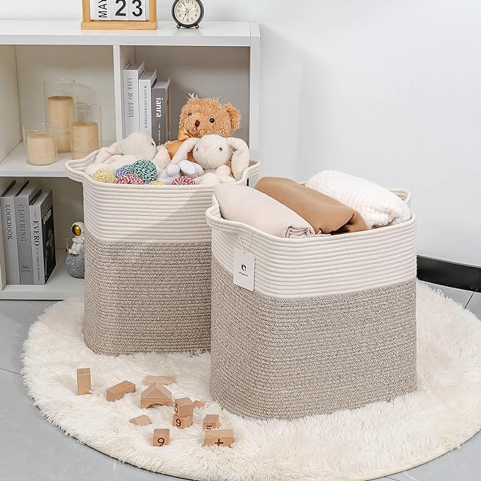 Tall Storage Baskets for Clothes Fabric Cotton Rope Storage Basket bin with Handles, Decorative Woven Basket for Living Room,Closet Organizer Blankets, and 2bags Brown 17.8×W12.5×H17.9)