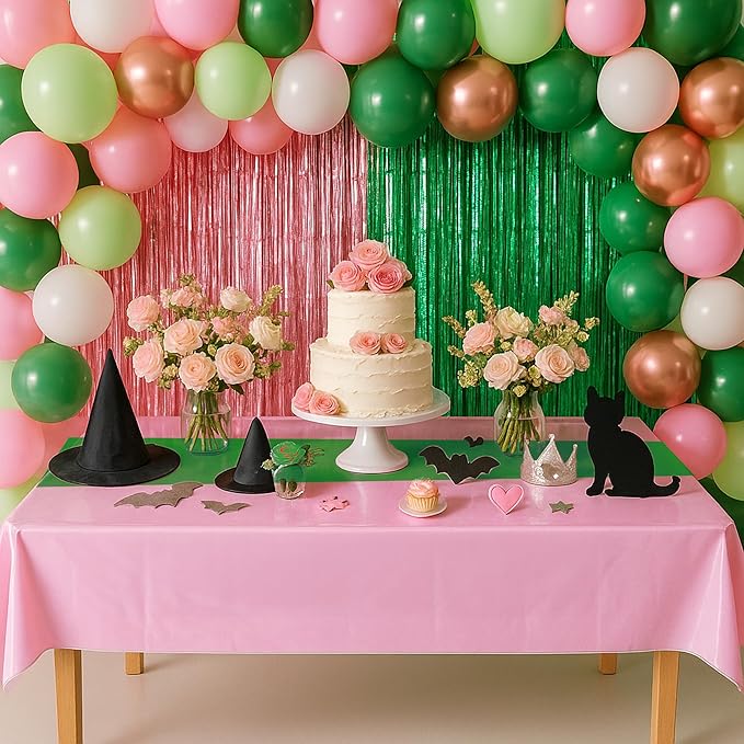 8Pcs 2in1 Witch Birthday Party Decorations Tablecloth, 54" x 108" Pink and Green Kitchen Table Cloth Disposable Rectangle Plastic Table Cover for Kids Baby Shower Wedding Party Supplies