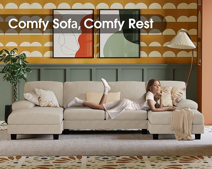 Furmax Sectional Couches for Living Room, U-Shaped Sofa Couch with Linen Fabric, 4 Seat Sofa Set with Double Chaise for Apartment (Corduroy, Beige)