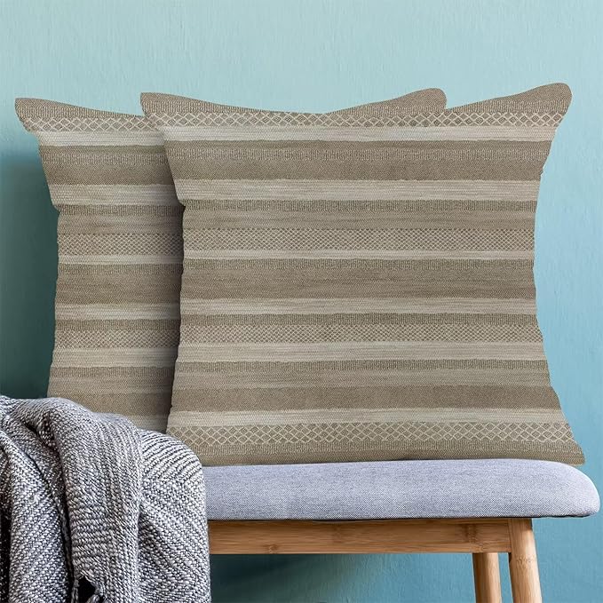 Boho Brown Stripe Throw Pillow Covers 18x18 Inch Set of 2, Rustic Abstract Decorative Throw Pillow Covers Retro Stripe Neutral Outdoor Cushion Cover for Sofa Couch Farmhouse Room Bed Decor