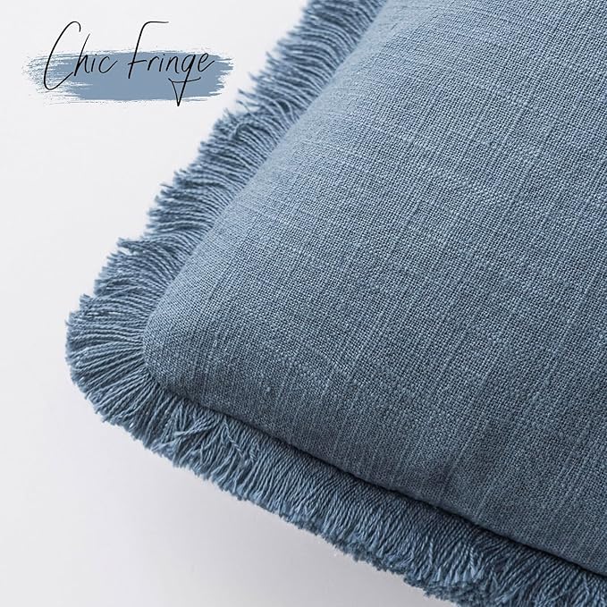 Foindtower Set of 2 Decorative Linen Fringe Throw Pillow Covers Cozy Boho Farmhouse Cushion Cover with Tassels Soft Accent Pillowcase for Couch Sofa Bed Living Room Home Decor, 20×20 Inch, Misty Blue