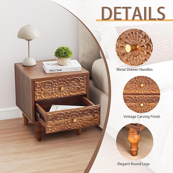 Nightstand, Farmhouse Bedside Table with 2 Drawers and Metal Handles, Wood Sofa Side Table End Table Accent Dresser for Bedroom, Living Room (Walnut-2 Packs)