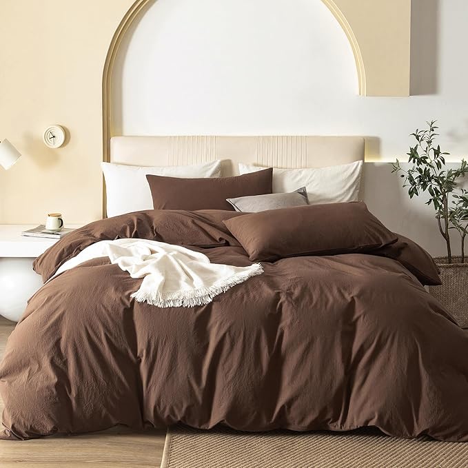 JIYUAN 100% Washed Cotton Duvet Cover Set 3 Pieces Super King, 1 Duvet Cover 108x98 Inches(Comforter Not Included) and 2 Pillowcases,Linen Feel Bedding Set Comfy and Breathable,Chocolate Brown