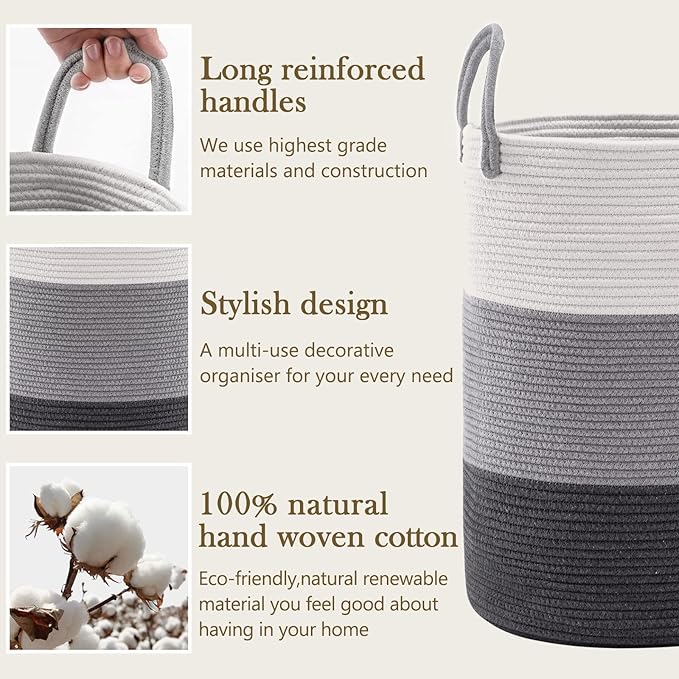 Woven Rope Laundry Hamper Basket, 58L Tall Luandry Basket, Baby Nursery Hamper for Blanket Storage, Clothes Hampers for Laundry in Bedroom-Large-Dark Grey