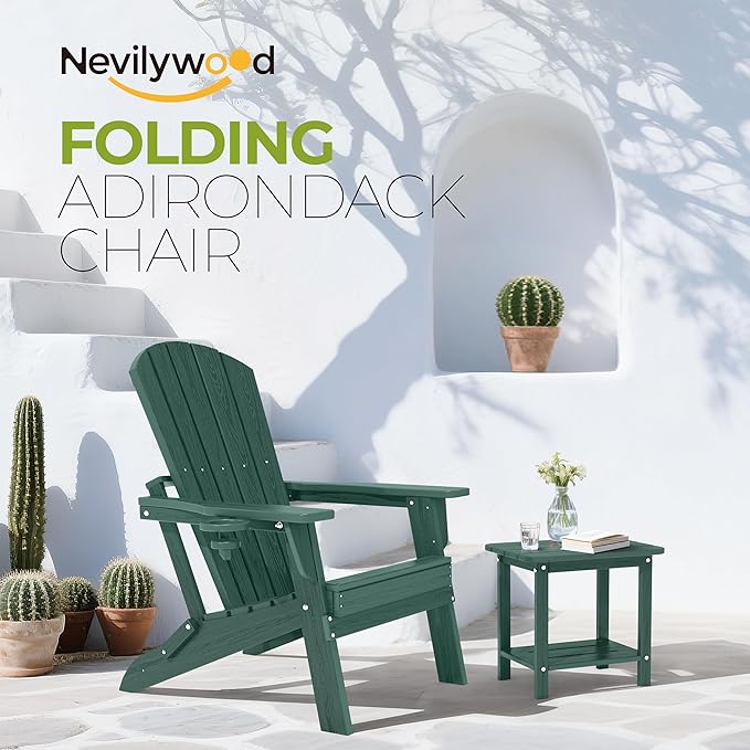 nevilywood Folding Adirondack Chair - Extended Ergonomic Backrest, Cup Holder - Easy Assembly - Durable HDPE Plastic, Weather Resistant & Maintenance-Free - Lawn, Patio, Deck Supports 380lbs Green