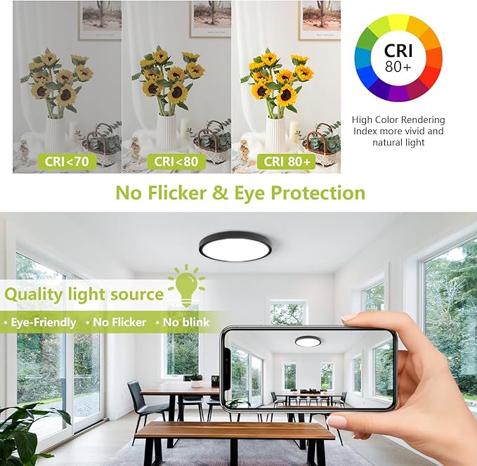 23.7 Inch LED Flush Mount Ceiling Light - Dimmable & 3 CCT Modes(3000/5000/6000K), 5000LM, 50W Ultra-Thin Low Profile Ceiling Light for Living Room, Kitchen, Hallway, Office, Black