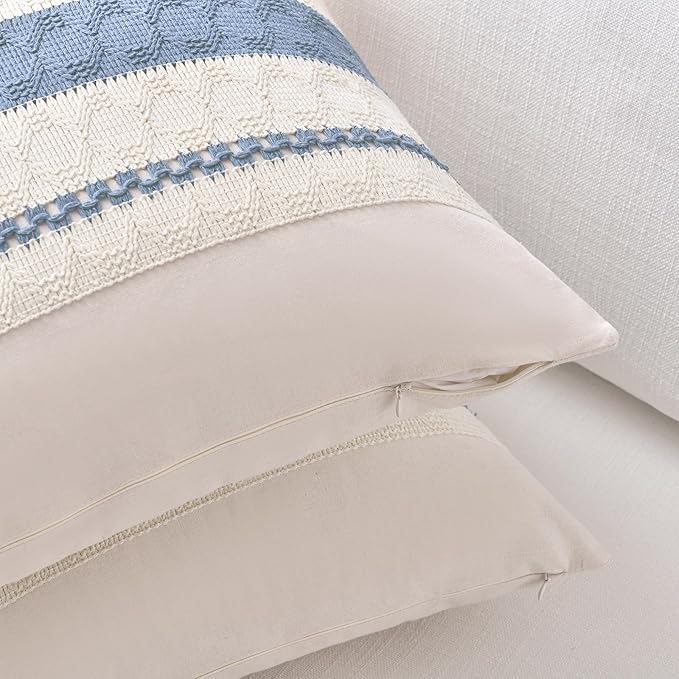 Fancy Homi Set of 2 Boho Light Blue Decorative Throw Pillow Cover 16x16 Inch for Couch Bed Sofa, Aesthetic Modern Organic Farmhouse Home Decor, Soft Cotton Cute Accent Macrame Woven Cushion Case