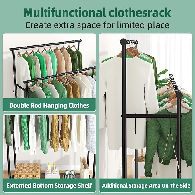 Double Rod Clothing Garment Rack on Wheels, 45 Inches Clothes Rack with Mesh Bottom Shelf for Hanging Clothes, Heavy Duty Metal Maximum Capacity 400 lbs, Black