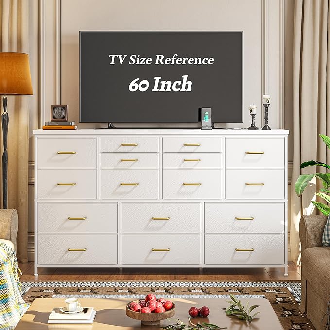 Dresser for Bedroom with 16 Fabric Drawers Long Dresser with Charging Station TV Stand for 60" TV Dressers & Chest of Drawers for Bedroom, Living Room, Closet, White