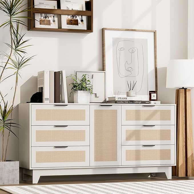 White Rattan Dresser,6 Drawers Dresser for Bedroom,55 "L Large Storage,Boho Farmhouse Style,TV Stand,Hallway,Entryway