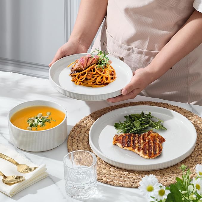 E-far Stoneware Dinnerware Sets, 18-Pieces Modern Plates and Bowls Sets, Kitchen Dinning Porcelain Dishes Set for 6, Chip & Scratch Resistant, Dishwasher & Microwave Safe, Speckled White