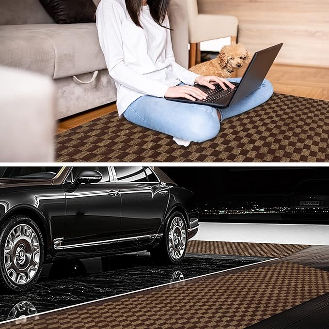 4' x 17' Runner Rugs with Rubber Backing, Indoor Outdoor Utility Carpet Runner Rugs, Checkered Brown, Can Be Used as Aisle for The RV and Boat, Laundry Room and Balcony