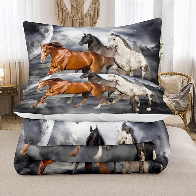 Tailor Shop Horse Comforter Queen Size,Galloping Horse Bedding Set for Kids Teens Girls Boys with 2 Pillowcase…