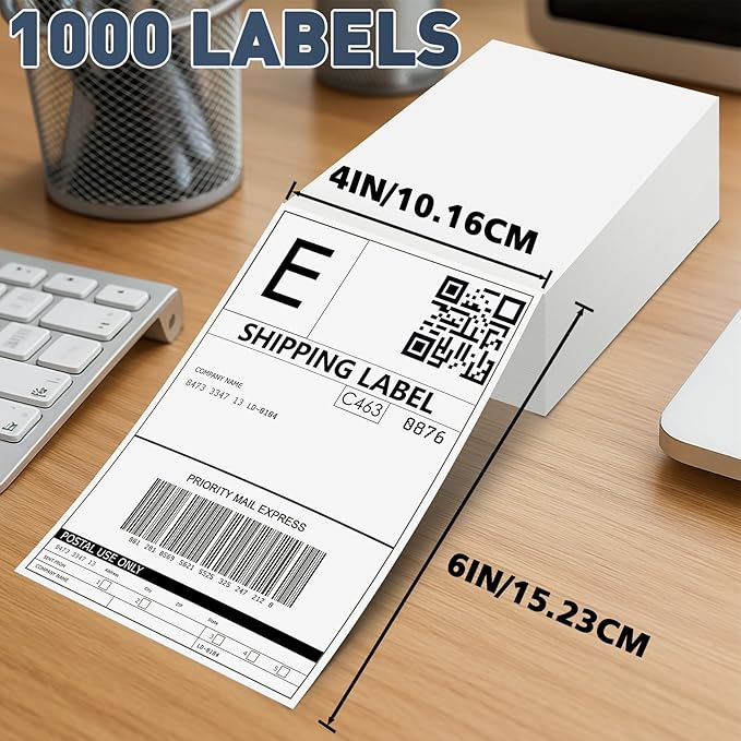 JTIEO Shipping Labels 4" x 6" Thermal Labels 1000 Fanfold Direct Thermal Label Printer Paper, Perforated White with Permanent Adhesive, Compatible with Most Thermal Printers.