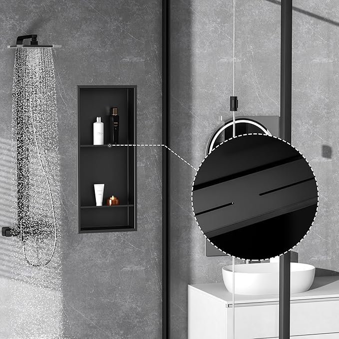 Stainless Steel Shower Niche 12" X 29", No Tile Needed Wall Niche Three-Tier, Recessed Shower Shelf for Bathroom Storage, Matte Black
