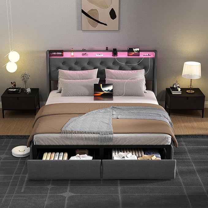 SADENICEL Queen Bed Frame with Storage Headboard and 2 Drawer, Metal Queen Size Bed Frame Platform with LED Light, Charging Station, No Box Spring Needed, Noise Free, Easy Assembly, Grey