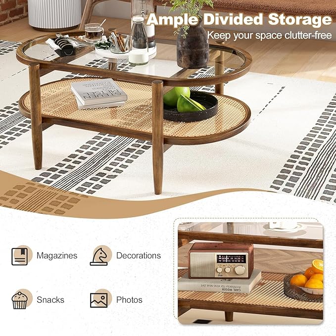 MAT EXPERT Rattan Coffee Table, 2 Tier Boho Oval Living Room Table w/Glass Tabletop Wood Frame & Storage Shelf, 40’’L Mid Century Modern Tea Table, Center Table for Living Room Home Office, Brown