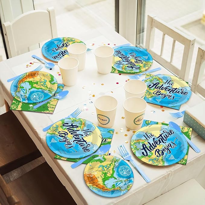 Wiooffen Adventure Awaits 96 Pcs Travel Map Party Supplies - 24 Guests - Blue, Word Map Plates, Napkins, Forks - Birthday Party Decoration