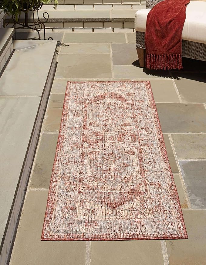 Unique Loom Outdoor Traditional Collection Area Rug - Valeria (2' x 5' Runner Rust Red/Ivory)