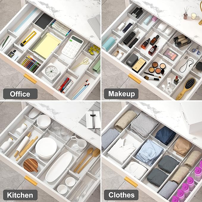 HiYZ Expandable Drawer Dividers with Inserts - Adjustable Drawer Organizers Separators for Kitchen, Bedroom, Dresser, Office, 8 Long Dividers(12.6-22.8 IN) with 16 Inserts(3.9-7.1 IN) - Gray