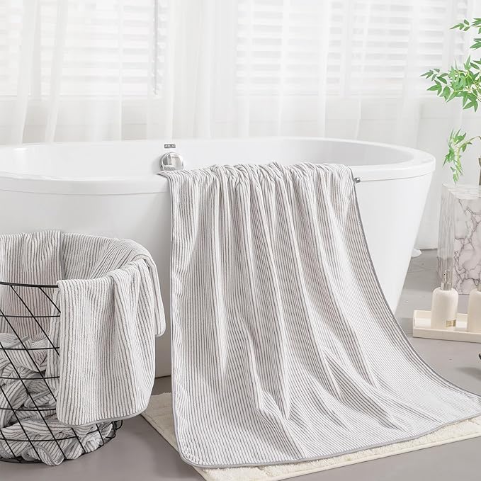 8-Piece Premium Towel Set for Bathroom|2 Oversized Large Bath Sheet,2 Hand Towels,4 Washcloths|Soft Cozy Highly Absorbent Fast Dry Microfiber Shower Towel Set for Hotel Bathroom Essentials,Beige White