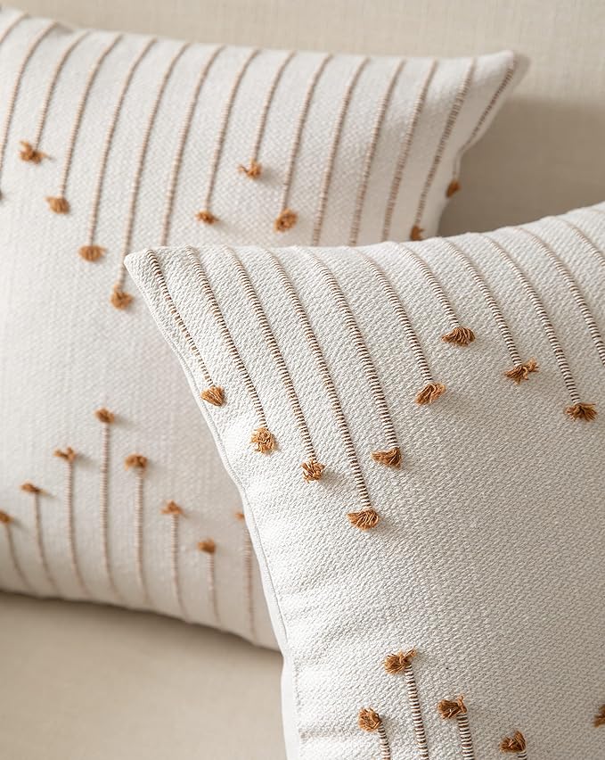 Caflife Boho Throw Pillow Covers 20x20 Set of 2 Decorative Pillows for Bed, Neutral Pillow Covers Beige with Brown Line Throw Pillows for Modern Farmhouse Couch Sofa Living Room Outdoor