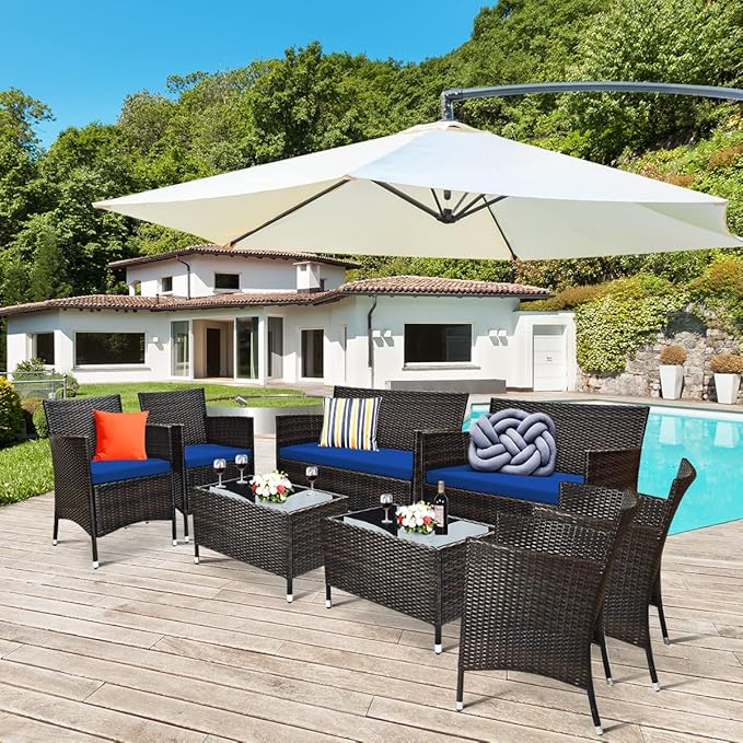 Tangkula 8 PCS Patio Rattan Conversation Set, Outdoor Wicker Furniture Set with Tempered Glass Coffee Table &Thick Cushion, Rattan Chair Wicker Set for Garden, Lawn, Poolside and Backyard (2, Navy)