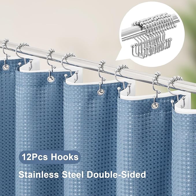 3 in 1 Extra Long Moonlight Blue Shower Curtain Set-72 W x 84 H, Modern Waffle and PEVA Liner Set with 12 Stainless Steel Hooks, Waterproof Fabric for Bathroom