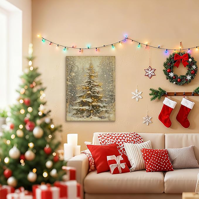 Framed Christmas Pictures Wall Decor,Vintage Pine Tree Prints,Winter Christmas Canvas Wall Art Decoration for Bedroom Bathroom Living Room Rustic Xmas Holiday Gifts (Christmas Tree 2, 24'' X 36'')