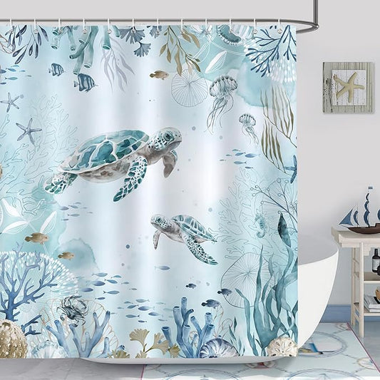 Bonhause Sea Turtle Shower Curtain for Bathroom Teal Blue Ocean Beach Coastal Decorative Bath Curtain 72 x 78 Inch Polyester Fabric Waterproof Bathroom Curtain with 12 Hooks