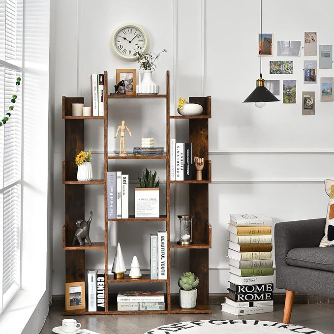 Tangkula Freestanding Tree Bookshelf, Corner Storage Organizer with 13 Open Shelves, Decorative Display Cube Shelf for Living Room, Study, Office, 34 x 9.5 x 55.5 Inch (1, Rustic Brown)