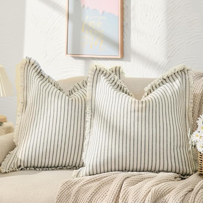 ZWJD Throw Pillow Covers 26x26 Set of 2 Striped Pillow Covers with Fringe Chic Cotton Decorative Pillows Square Cushion Covers for Sofa Couch Bed Living Room Farmhouse Decor